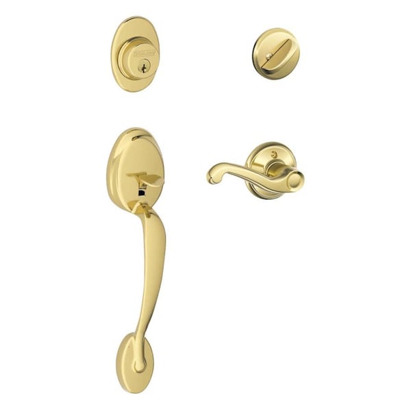 Schlage Plymouth Flair Bright Brass Entry Handleset 1-3/4 in. F60VPLYXFLA505 - main